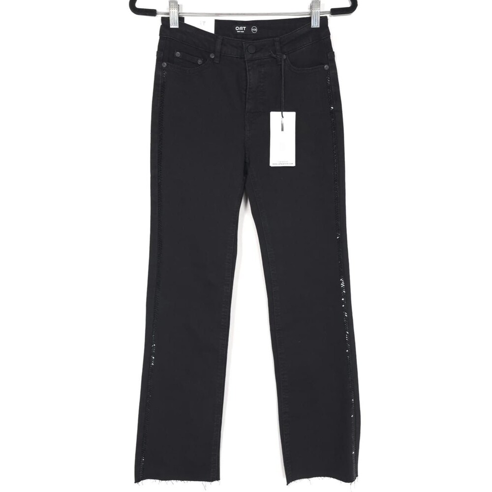 NWT OAT NEW YORK Size 0/25 Bling Seam Mid Rise Relaxed Slim Straight Jeans Black